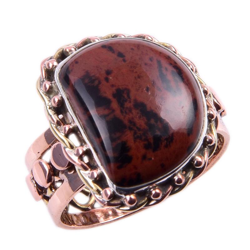 Natürlicher Mahagoni-Obsidian-Edelstein, 925er Sterling-Silber, zweifarbiger Ring, S.9,5, v9c70
