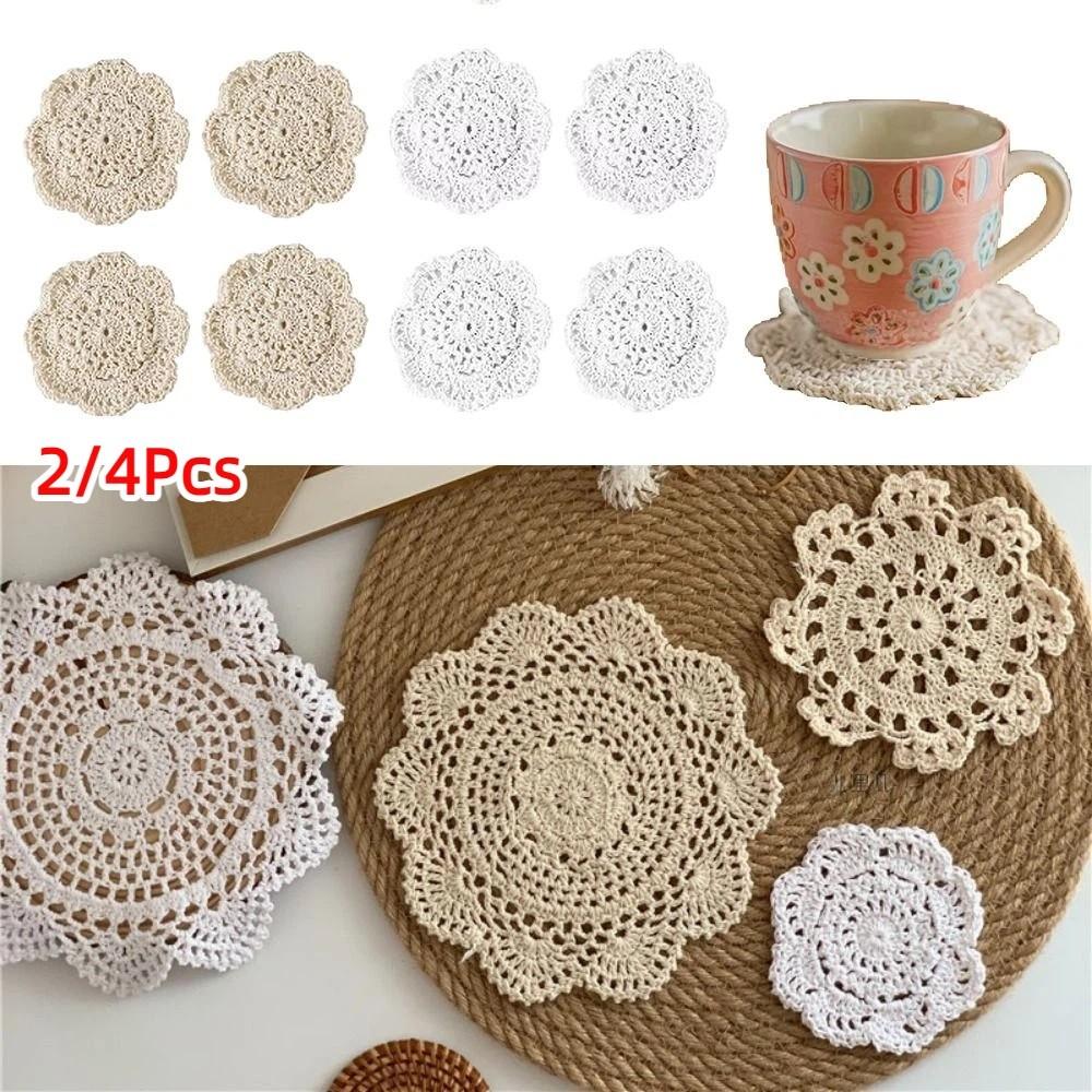 2/4Pcs Knitted Texture Lace Floral Coasters Vintage Round Woven Placemats  Coffee Table