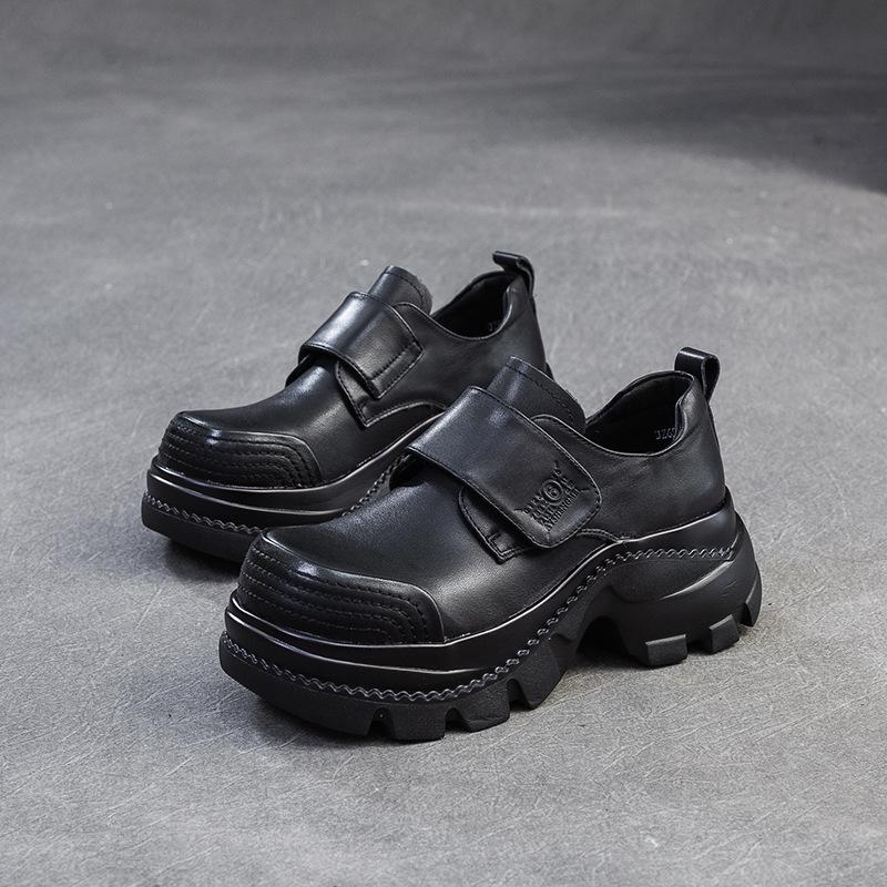 

Туфли Johnature Retro с круглым носком и толстой подошвой из натуральной кожи, повседневные женские туфли на платформе с липучкой 40 чёрный