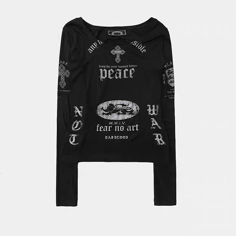 Badblood BCAC Series Retro Print Distressed Slim-Fit Long-Sleeve Women's T-Shirt