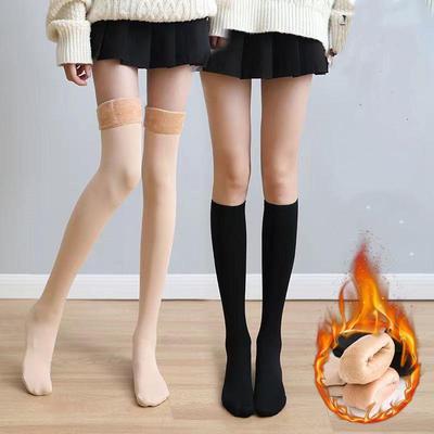 Women's Flesh-Colored Fleece Mid-Calf and Over-the-Knee Socks for Autumn/Winter: Thick, Warm, Wide-Leg, High-Top Snow Socks