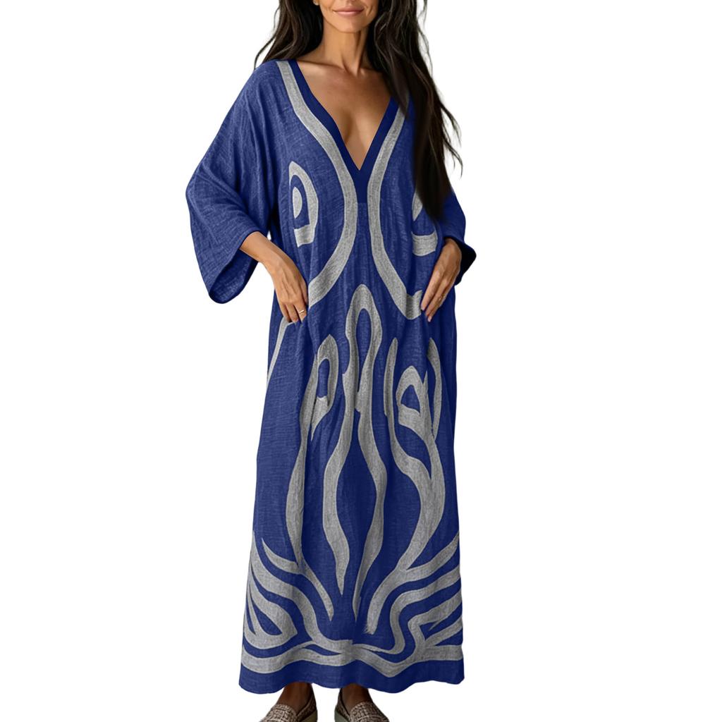 Women V Neck Bohemian Print Kaftan Dress Loose Fit Maxi Robe for Beach Holiday Home Relaxation Casual Wear
