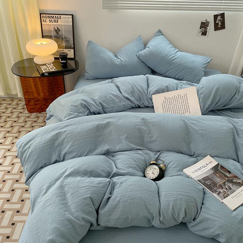 Four-piece Set for Sleeping Naked On Winter Bed, Washed Cotton Sheets, Quilt Cover, Fitted Sheet, Three-piece Set for College Dormitory