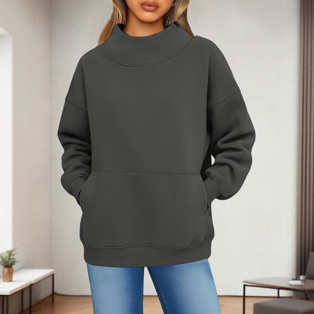 Women's Fashionable Casual Solid Color Round Neck Long Sleeved Pocket Sports Casual Pullover Sweatshirt Top