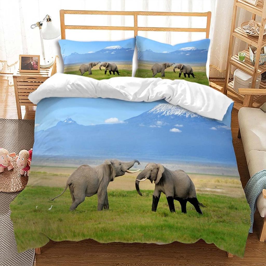 3D Printed Elephant Duvet Cover Queen King Size Elephant Snow Mountain Pattern Bedding Natural Green Grassland 3 Piece Set