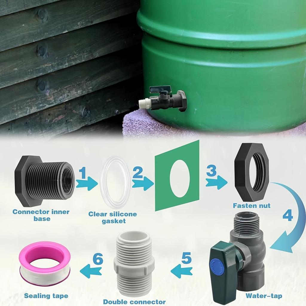 PVC Water Barrel Spigot Kit with Universal Connector and Wall Mount for Easy Garden Use