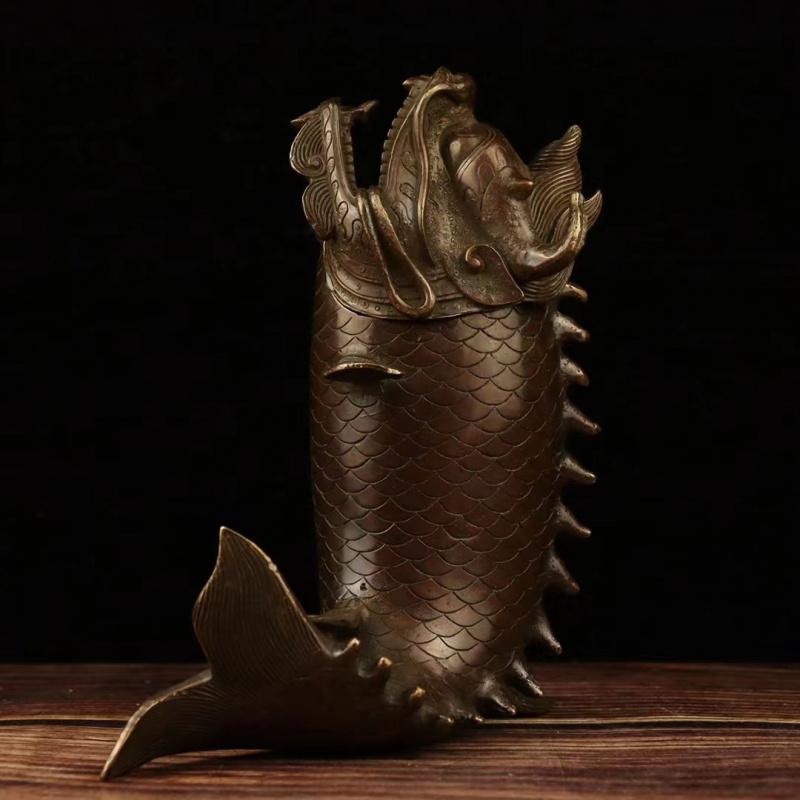 Antique Copper Dragon Head Fish Retro Incense Burner Home Decor Craft Ornament Long18Wide11High21.5