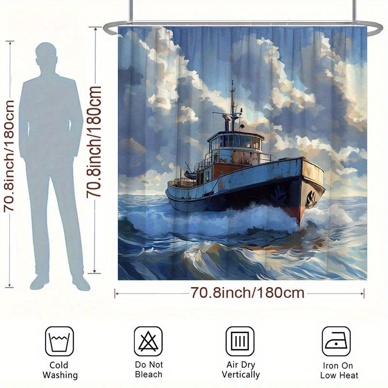 1pc Blue Tugboat Shower Curtain - Dramatic Waves Design, Polyester,  Washable with 12 Hooks, Nautical Bathroom Decor