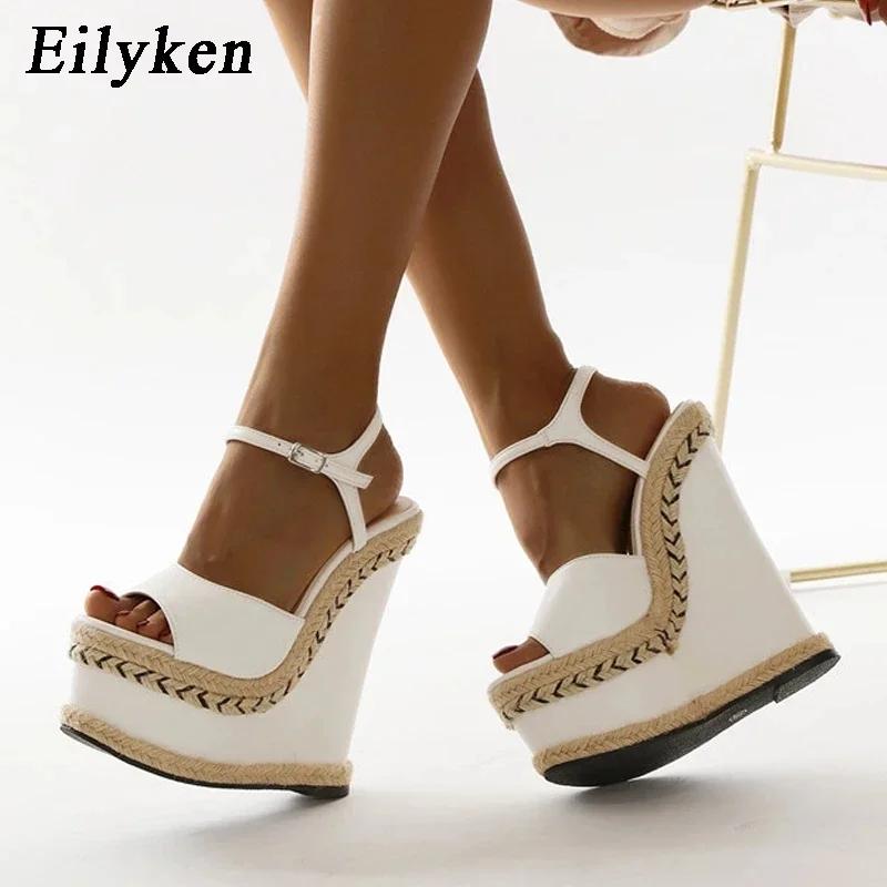 Fashion Eilyken New Fashion Open Toe Ankle Buckle Strap Platform Wedges White Women Sandals Summer Shoes Size 35-42