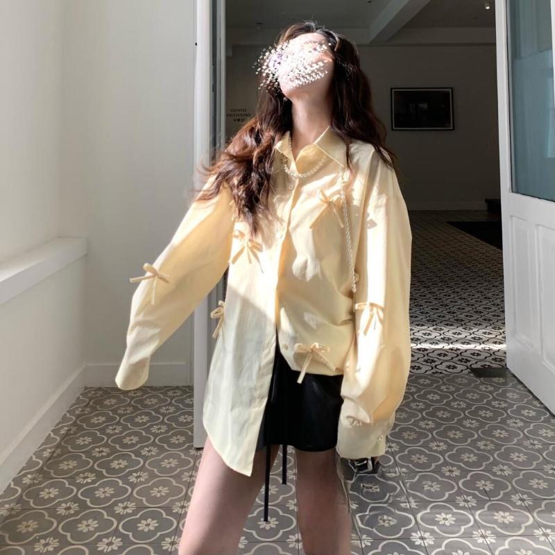 3D Bow Blue Shirt for Women Women's Chic Versatile Casual Lapel Top Solid Color Long Sleeve Lady's Single Breaste Shirts