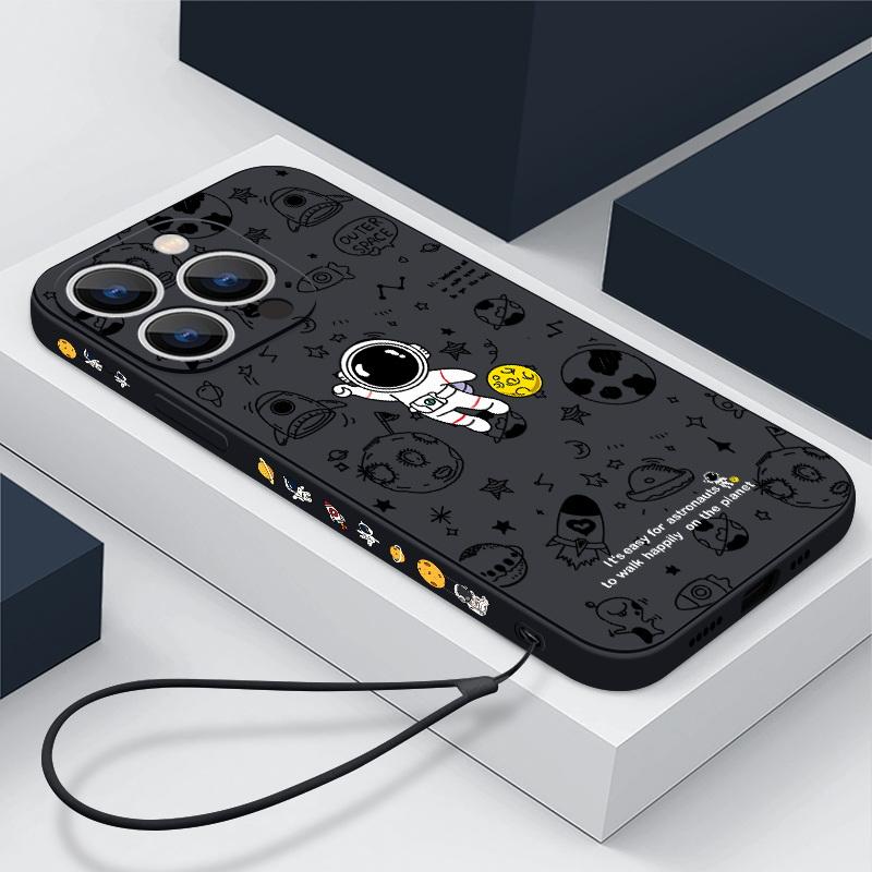 

Черный чехол для мобильного телефона «Космическая ракета-космонавт» для Samsung iPhone Xiaomi Redmi, противоударный креативный мягкий чехол для телефона с ручной веревкой