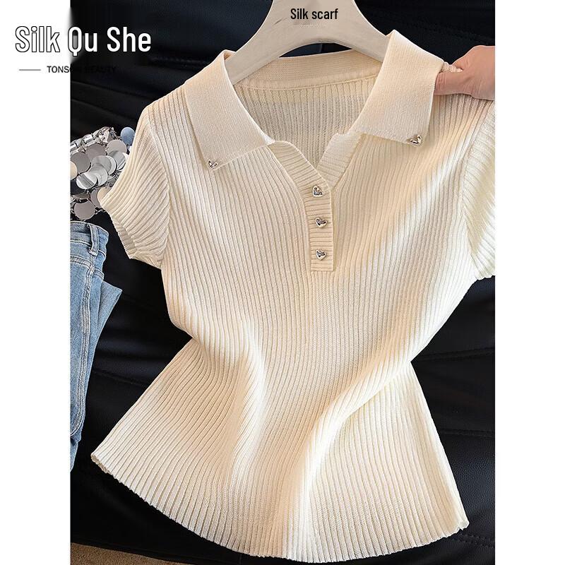 

Women s Lapel Short-Sleeve Slim Fit Knitted Top One Size
