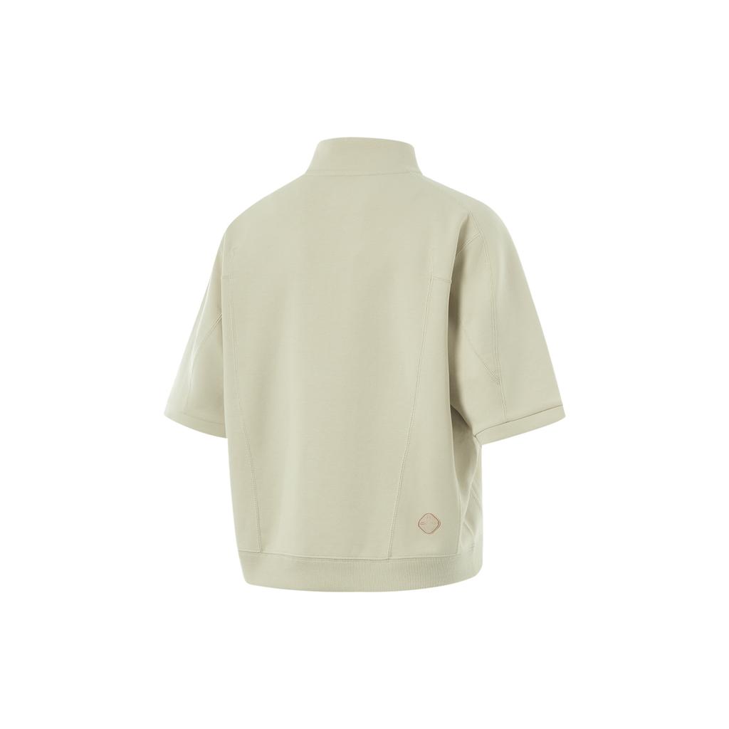 Li-Ning Fitness Series Solid Color Stand Collar Comfortable Breathable Versatile Loose Short Sleeve Polo Shirt Women tops Khaki APLU720-1