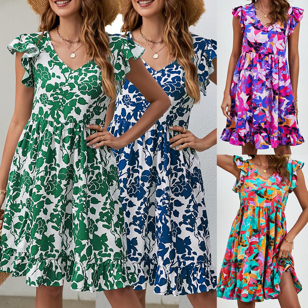 

Women s Floral Print Sleeveless V-Neck Ruffled Hem Sundress Summer Casual Dress S зелений