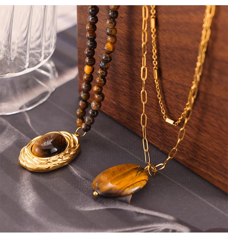 Maillard Titanium Steel Tiger Eye Oval Pendant Necklace - Retro Beaded Chain, Versatile & Stylish for Women