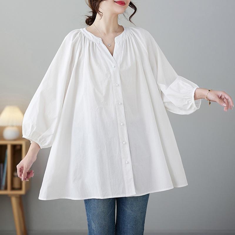 Jarní a letní dámská jednobarevná košile s výstřihem do V a lucernovými rukávy, nadměrná velikost, bavlněno-lněná košile