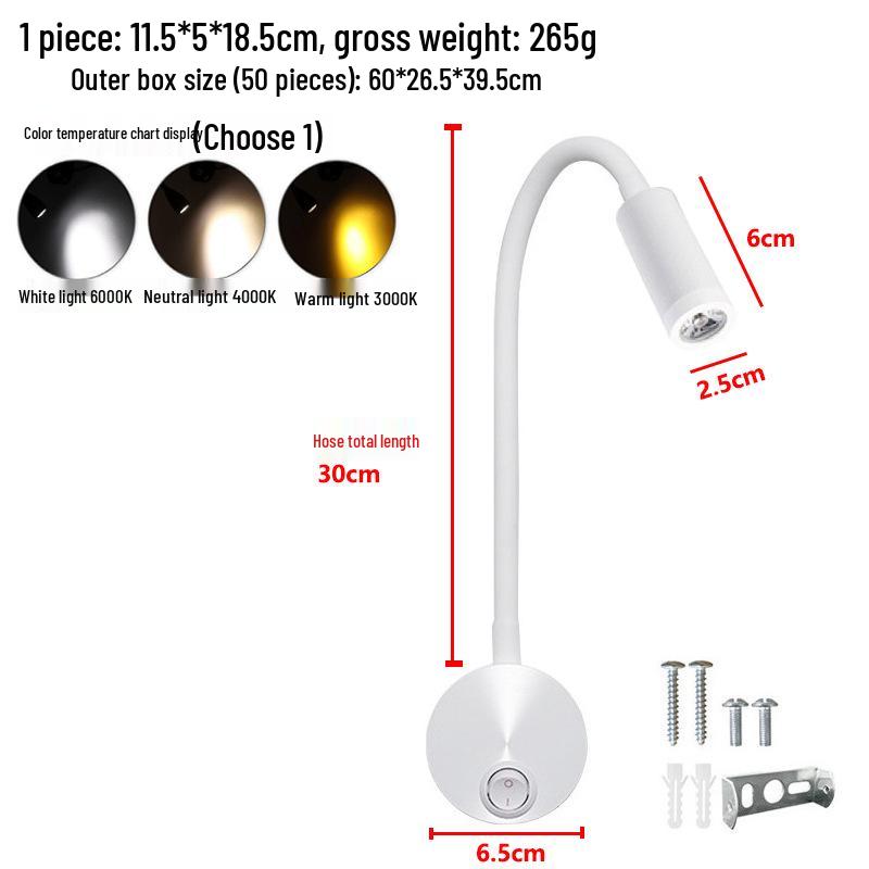 3W LED Gooseneck Reading Lamp, Wall-Mounted Bedside Spotlight