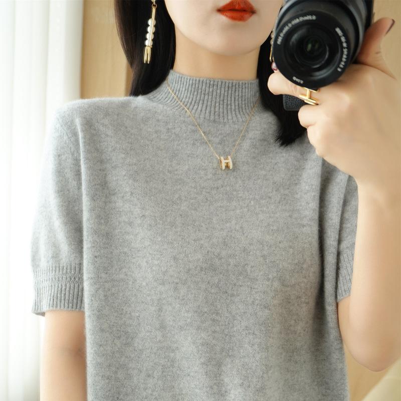 Spring and Summer Women's New Loose Half Turtleneck Mid-sleeve Short Pullover Solid Color Bottoming Sweater T-shirt