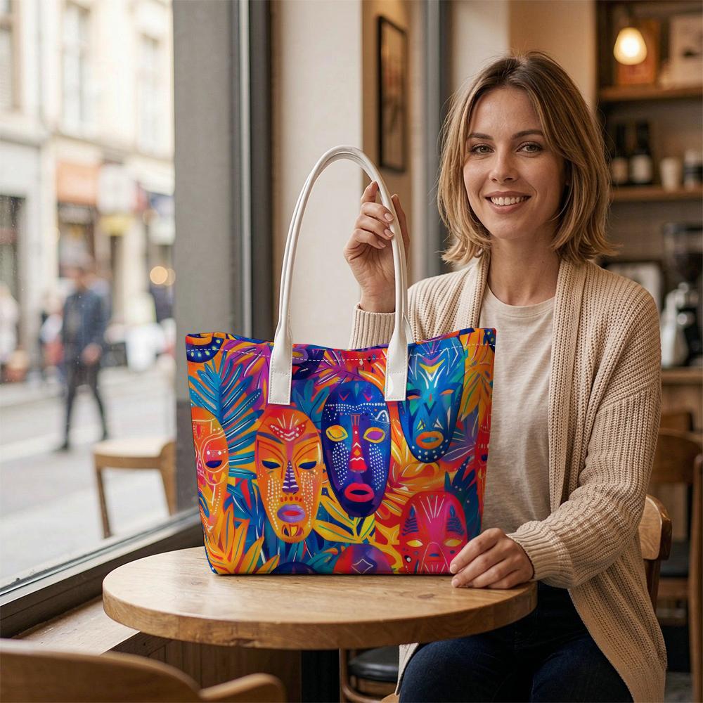 Colorful African Mask Pattern Tote Bag Stylish Daily Casual Handbag