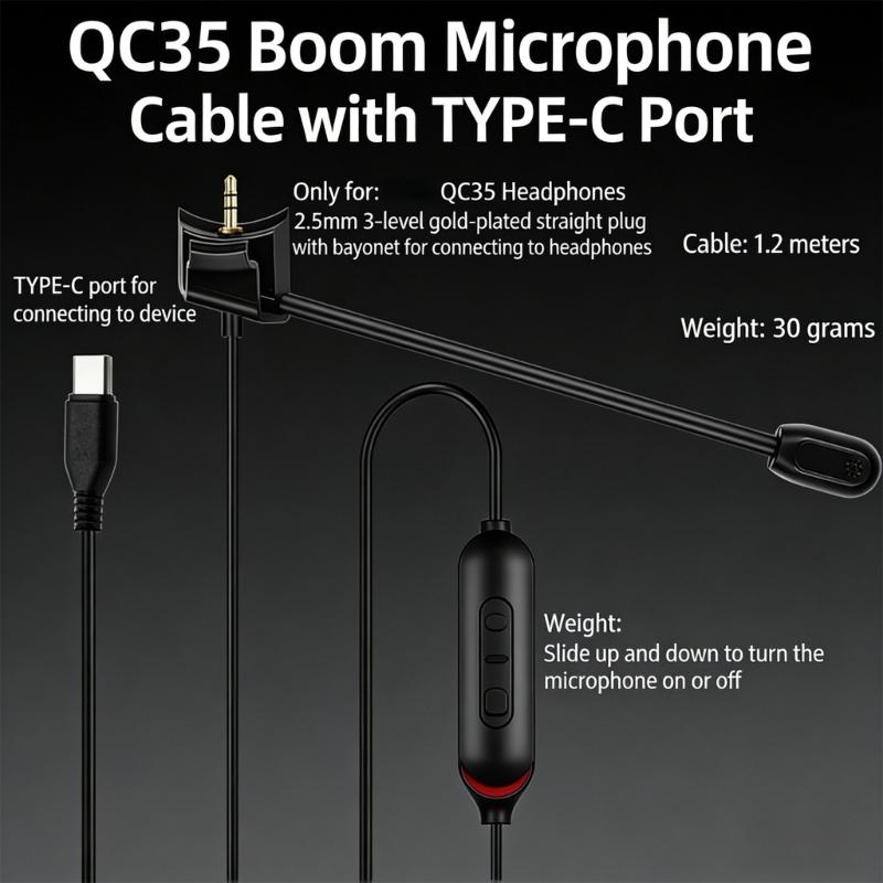 Premium Type C Music Cable With Microphone Boom For QC35 Headphones Wire 2.5mm Gold Plated Connector 1.2m/47.24in