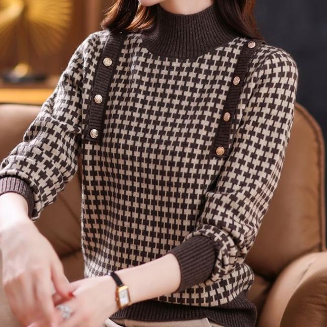 Mode Vintage Damen Halbhoher Kragen Pullover Winter Unterteil Koreanisch Langarm Vielseitig Lässig Strickpullover Tops