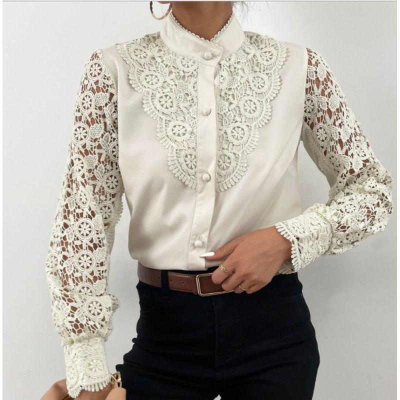 Women Lace Stitching Long-Sleeved Shirt Lace