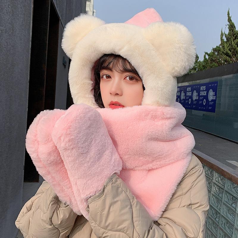 Bear Hat Women's Winter Warm Three-piece Scarf Versatile Winter Plush Ears Cute Hooded Scarf Integrated