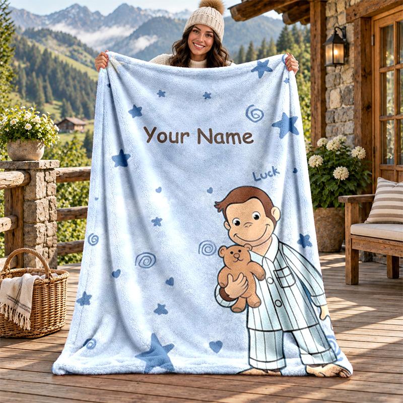 Curioso George Custom Name Flannel Blanket Personalized Soft Warm Plush Throw Blanket Customized Gift for Family Friends