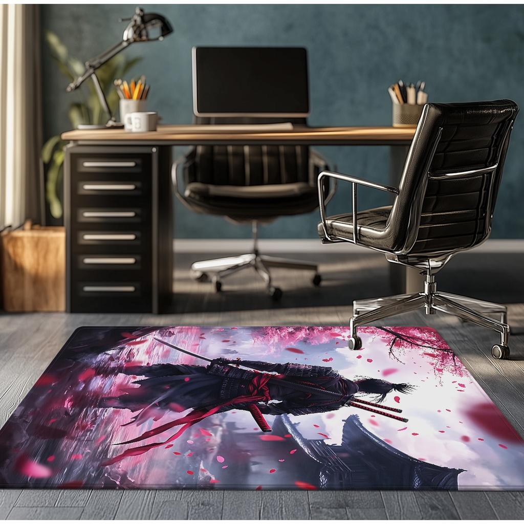 Samurai Warrior Cherry Blossom Anime Rug Gaming Room Decor Crystal Velvet Carpet Japanese Style Fantasy Art Floor Mat for Office