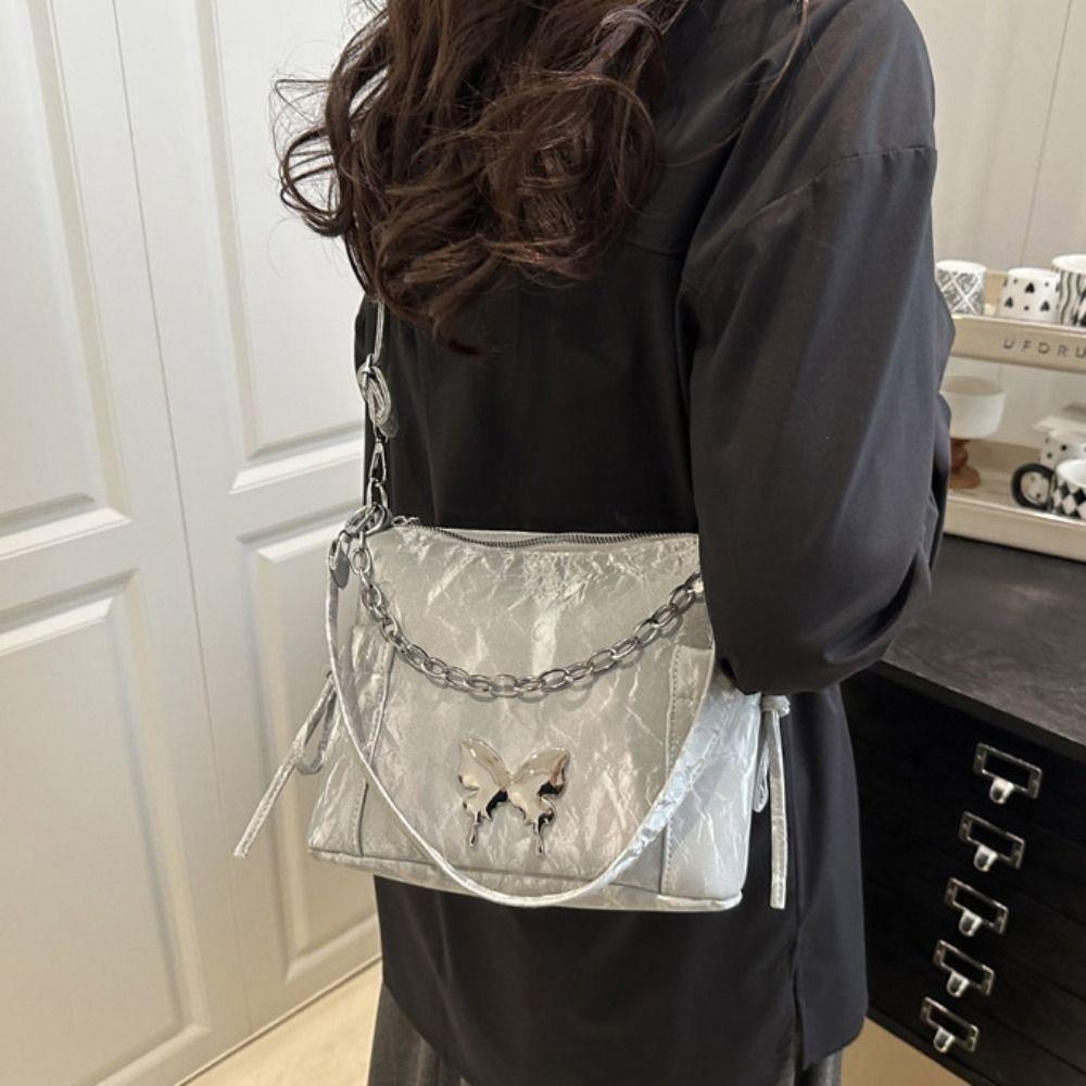 Pearls Chain Drawstring Shoulder Bag Butterfly Decor Girls Crossbody Bag Women