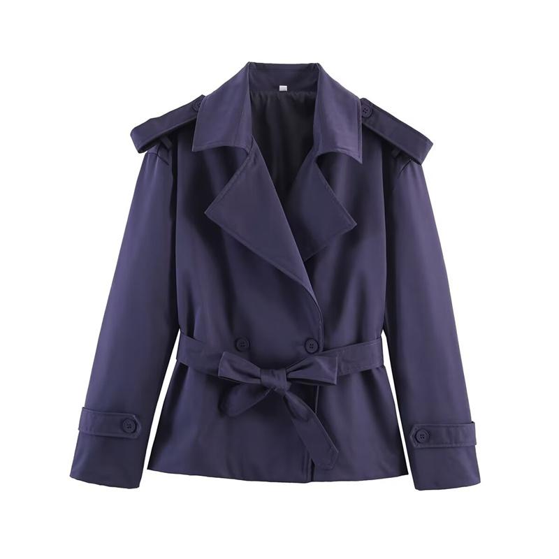 Women's Western-style Solid Color Belted Short Jacket Trench Coat Outerwear