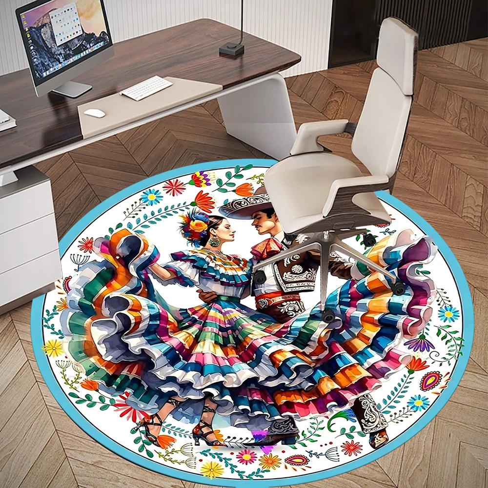 1pc Mexican Dance Floral Round Chair mat Area Rug - Non-Slip, Floor Mat for Office, Bedroom, home decor Christmas Gift-1002337