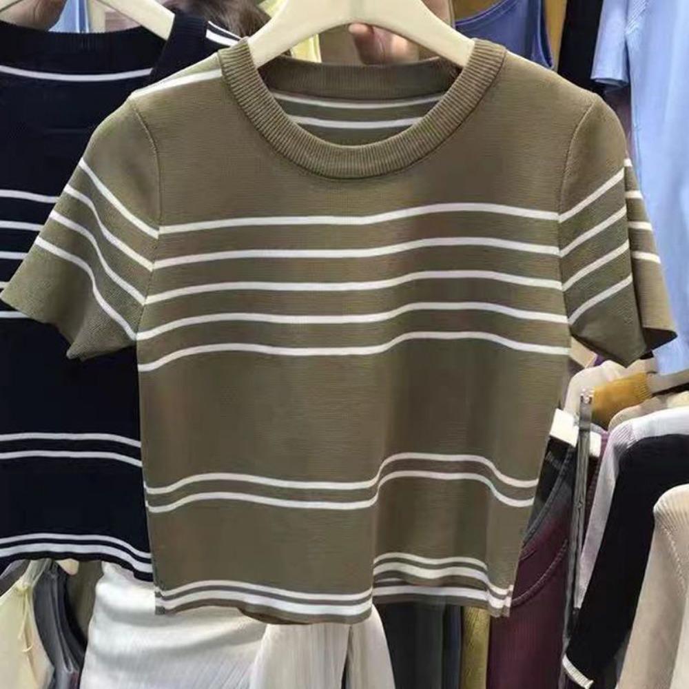 Îmbrăcăminte Femei Modă Tricouri Tricotate cu Dungi Mânecă Scurtă Vară Casual Versatile Gât Rotund Subțire Top Doamnă Birou Vintage Tricouri
