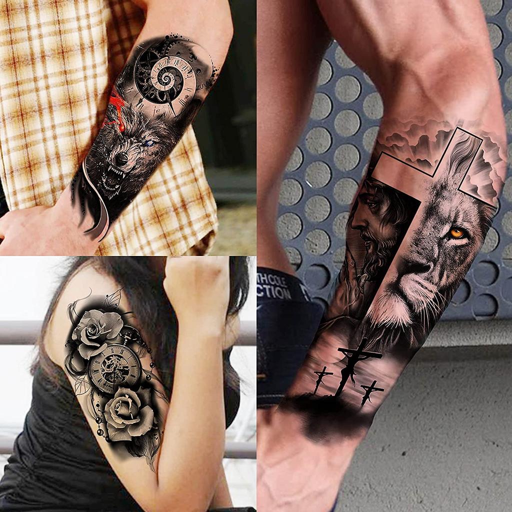 8 Sheets Black Skull Temporary Tattoos For Adults Women Man Fake Animal Tattoo Sticker Wolf Tiger Tatoos Gangster Flower Fashion