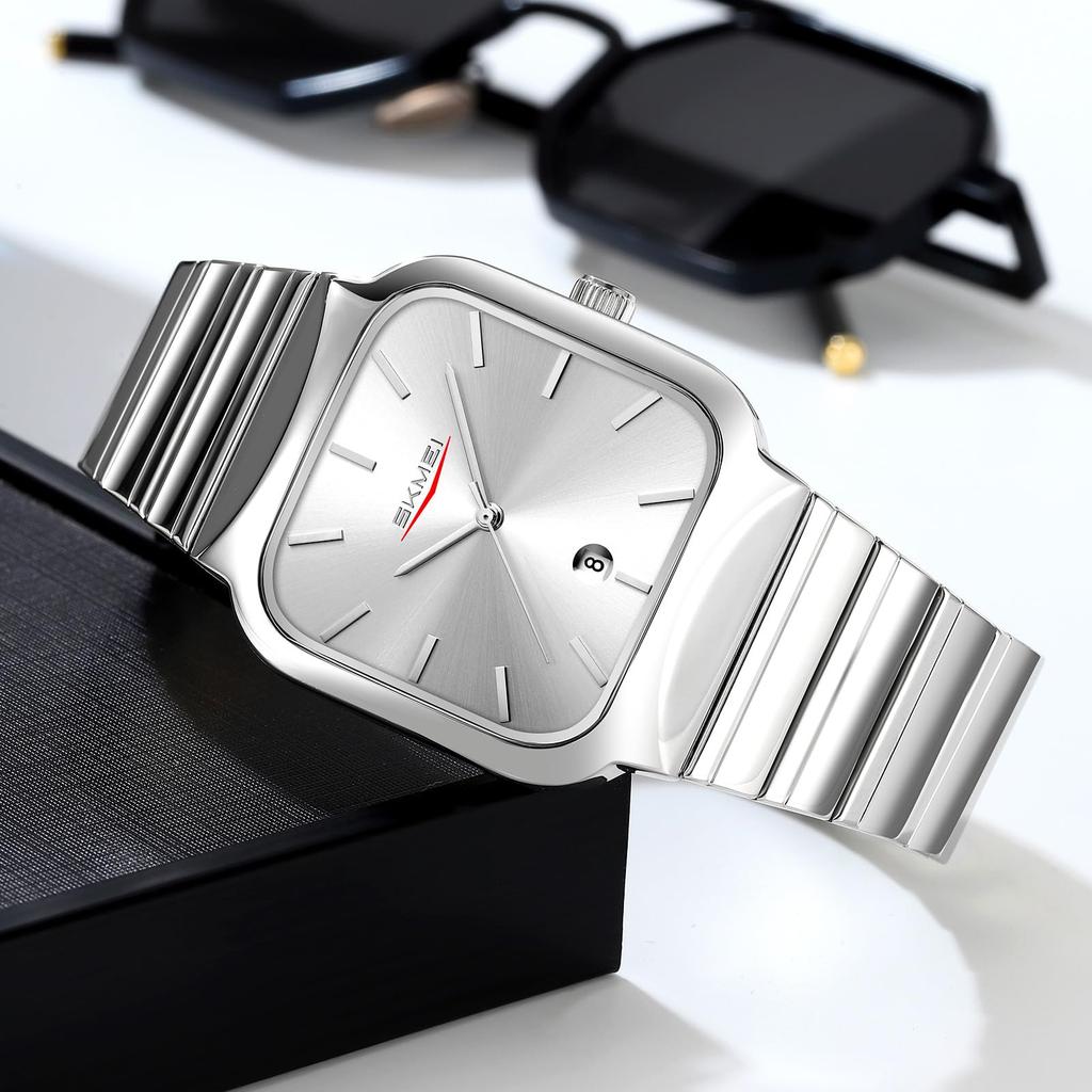 Nye firkantede herreklokker Mote Kalender Kvartsverk Rustfritt stålreim Vanntett Kvartsklokke