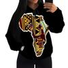 European & American Women's Casual Printed Black Hooded Sweatshirt with Patch Pocket - Drawstring MH612