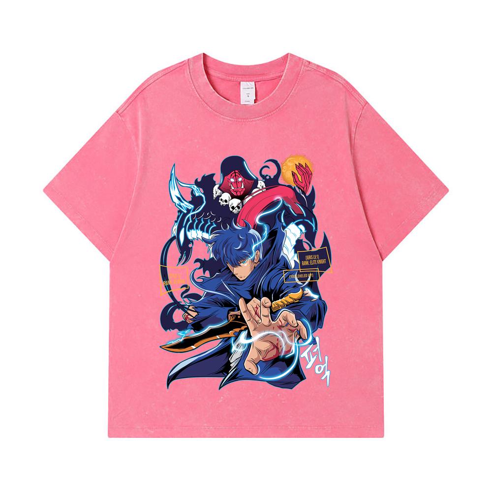 275 GSM Washed T-shirts 100% Cotton Solo Leveling V14 Print Unisex Heavy Cotton T Shirt