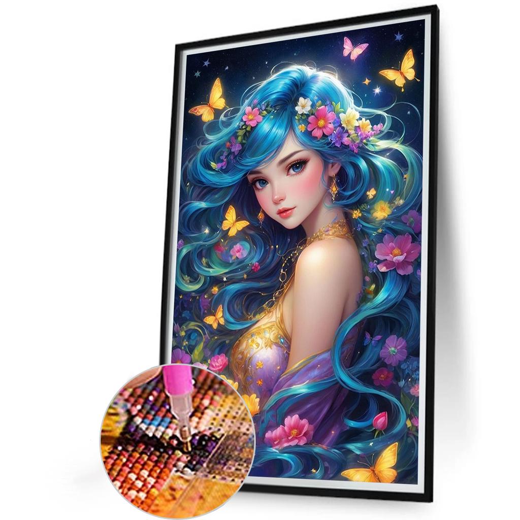 Butterfly Girl Full DIY 5D Round Drill Gem Art Diamond Painting Kits for Adults Home Decor Art Diamond Painting 15.75x23.62in