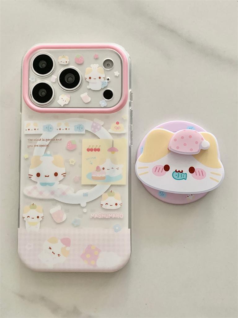 Kawaii Cartoon Cat Magnetic Pop Stand Clear Phone Case For iPhone 15 16 17 Pro Max INS Pink Cute Shockproof Protective Cover