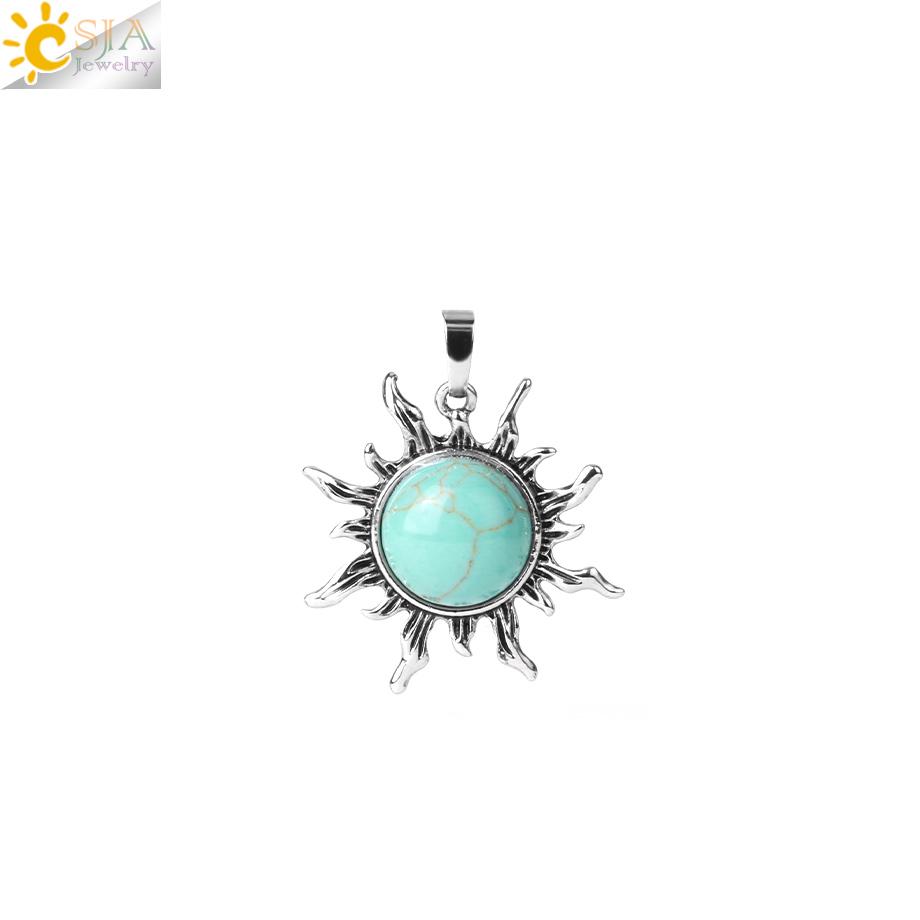 CSJA Vintage Sun Flower Pendant Natural Stone Crystal Necklace Genuine Round Amethysts Pink Quartz Obsidian Lapis Lazuli H120