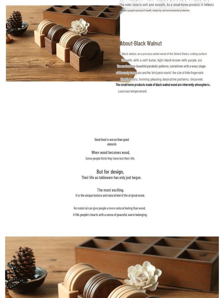 Round Black Walnut and Beech Wood Coasters, 6-Piece Set – Heat-Resistant Placemats for Coffee and Tea Cups