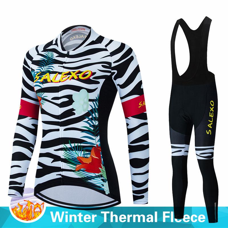 Warm 2023 Salexo Winter Thermal Fleece Cycling Clothes Women Jersey Suit Outdoor Bike MTB Clothing Bib Pants Set Ropa Ciclismo
