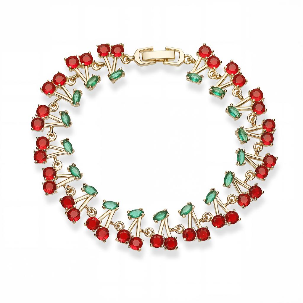New Design 18k Gold Plated Cherry Charm Chain Link Bracelets Cubic Zirconia Chain Cute Fruit Charm Bracelet for Women