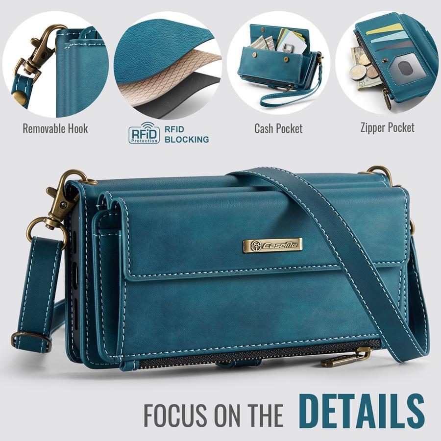 For iPhone/Samsung RFID Blocking Multilayer Wallet Phone Case Purse with 9 Card Slots+Zipper Pocket+Coin Sack Detachable Crossbody Strap + Wrist Strap