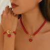 2pcs Set Personality Charm Geometric Red Heart-shaped Pendant Imitation Pearl Chain OT Clasp Necklace Bracelet for Women Jewelry