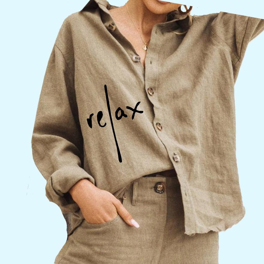 

Женская мода блузка с воротником-лацканом, повседневная хлопковая льняная верхняя женская рубашка с принтом на пуговицах 3XL хаки