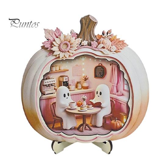 Indoor Fall Seasonal Ornament Halloween Ghost Pumpkin Wooden Plaque, 2D Flat Tabletop Sign, Rustic Farmhouse Autumn Decor Spooky Bathing Reading