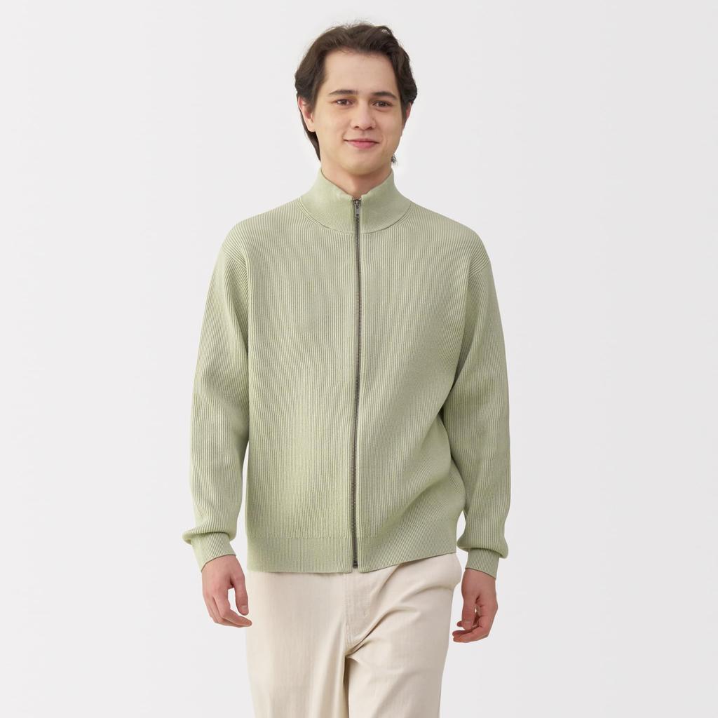 MUJI Men's Washable Rib Knit Full-Zip Cardigan, Pale Green, Size Small, AA0S7A5S