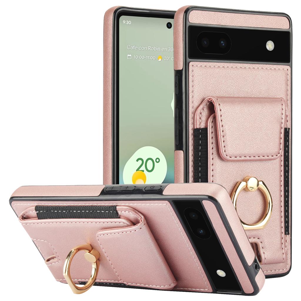 For Google Pixel 6a Phone Case PU Leather+TPU Card Holder Cover with Ring Holder