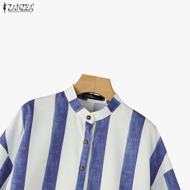 ZANZEA Women Stand Collar 3/4 Sleeve Loose Stripe Shirt Dress